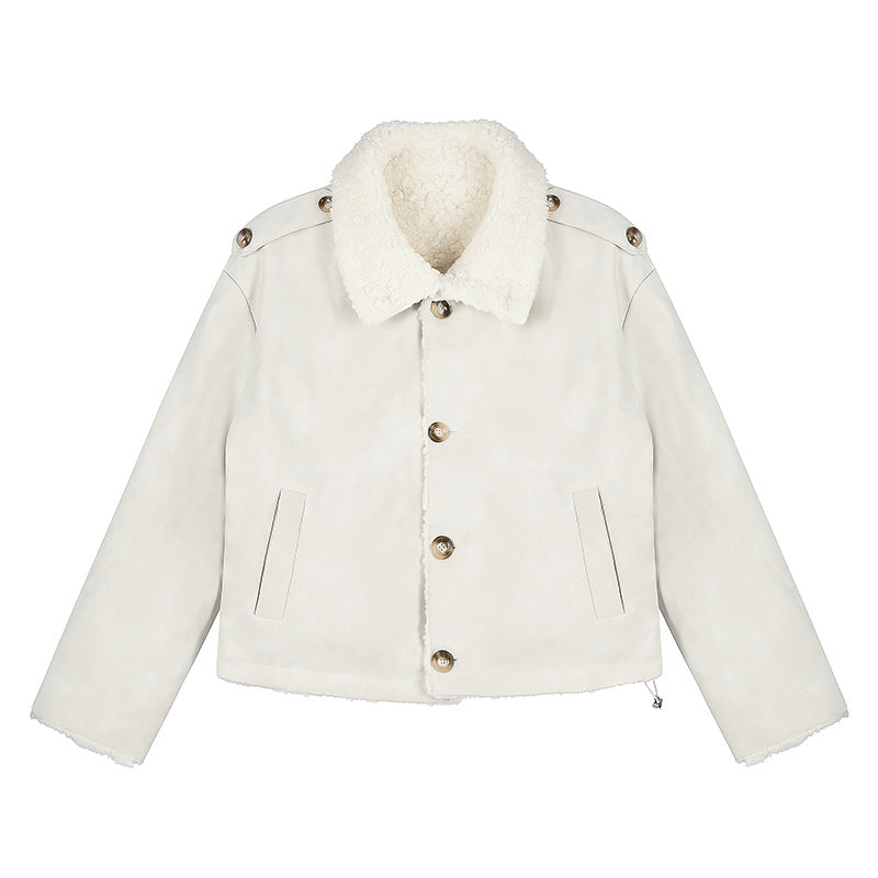 Damen Kurzgeschnittene Lammfell‑Optik Fliegerjacke mit Teddyfutter und Reverskragen Echoarchiv