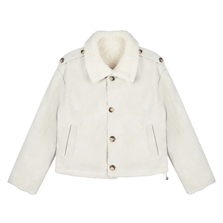 Damen Kurzgeschnittene Lammfell‑Optik Fliegerjacke mit Teddyfutter und Reverskragen Echoarchiv