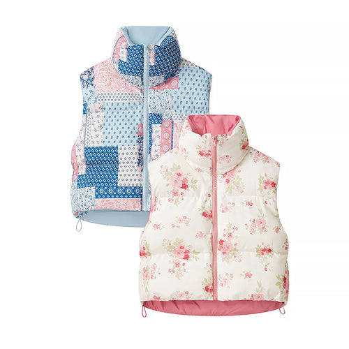 Damen gesteppte Weste mit floralem Allover-Print, hohem Stehkragen und verstellbarem Saum – Célinea