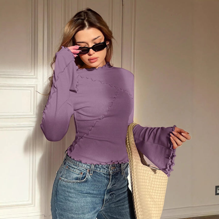 Damen Geripptes Langarmshirt mit Rüschen-Saum und Stehkragen Echo Archiv