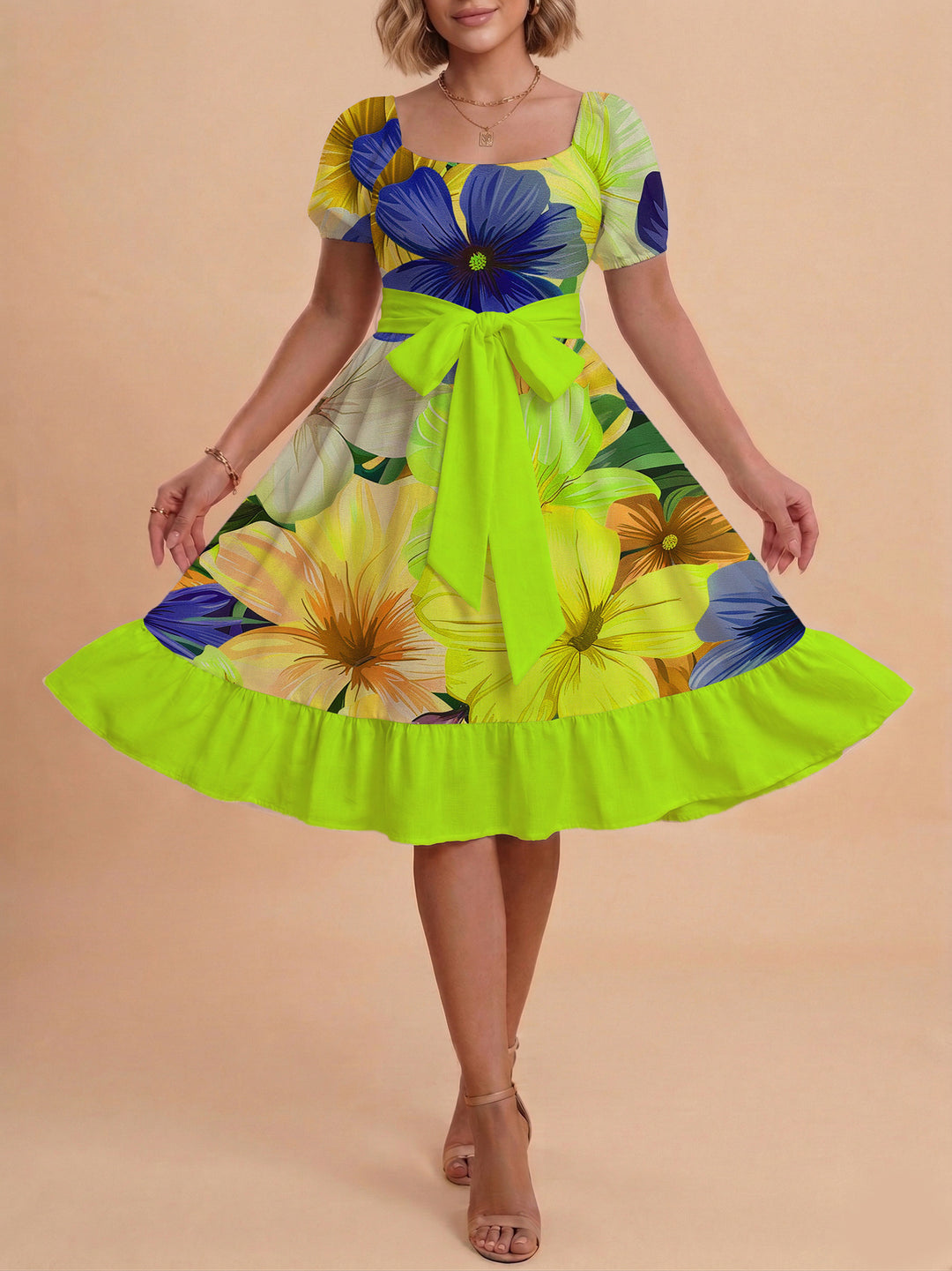 Damen Sommerkleid mit floralem Puffärmel und taillierbarem Gürtel Echo Archiv
