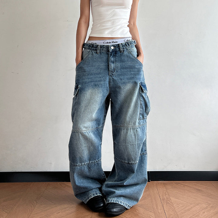 Damen Ultraweite Palazzodenim-Cargohose mit tiefem Schritt und übergroßen Klappentaschen Echo Archiv