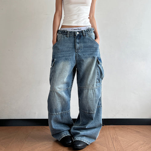 Damen Ultraweite Palazzodenim-Cargohose mit tiefem Schritt und übergroßen Klappentaschen Echo Archiv