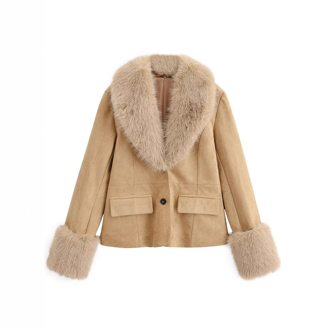 Damen 20+ kurzer Veloursimitat‑Blouson mit üppigem Webpelzkragen und Pelzmanschetten Echo Archiv