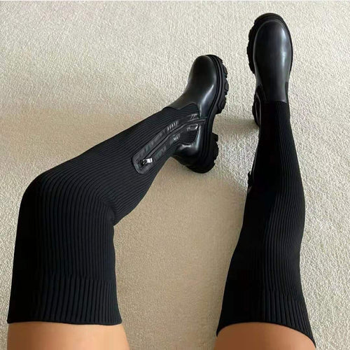 Damen Knielange Stretch-Sockboots mit geriffeltem Schaft, seitlichem Reißverschluss und massivem Lug-Sohlendesign Echo Archiv