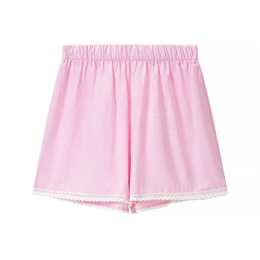 Damen nan zweiteiliges schulterfreies Schlafanzug-Set mit Spitzenbesatz, Herzknopf-Leiste und elastischer Shorts-Bund Echo Archiv