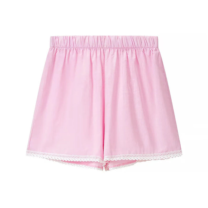 Damen nan zweiteiliges schulterfreies Schlafanzug-Set mit Spitzenbesatz, Herzknopf-Leiste und elastischer Shorts-Bund Echo Archiv