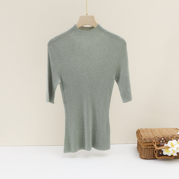 Damen Slim-Fit Rippstrick-Top mit halblangen Ärmeln und hohem Stehkragen Echo Archiv