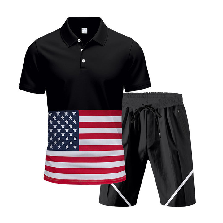 Herren Polo-Shirt und Shorts-Set mit Flaggenmotiven und modernem Schnitt Echoarchiv