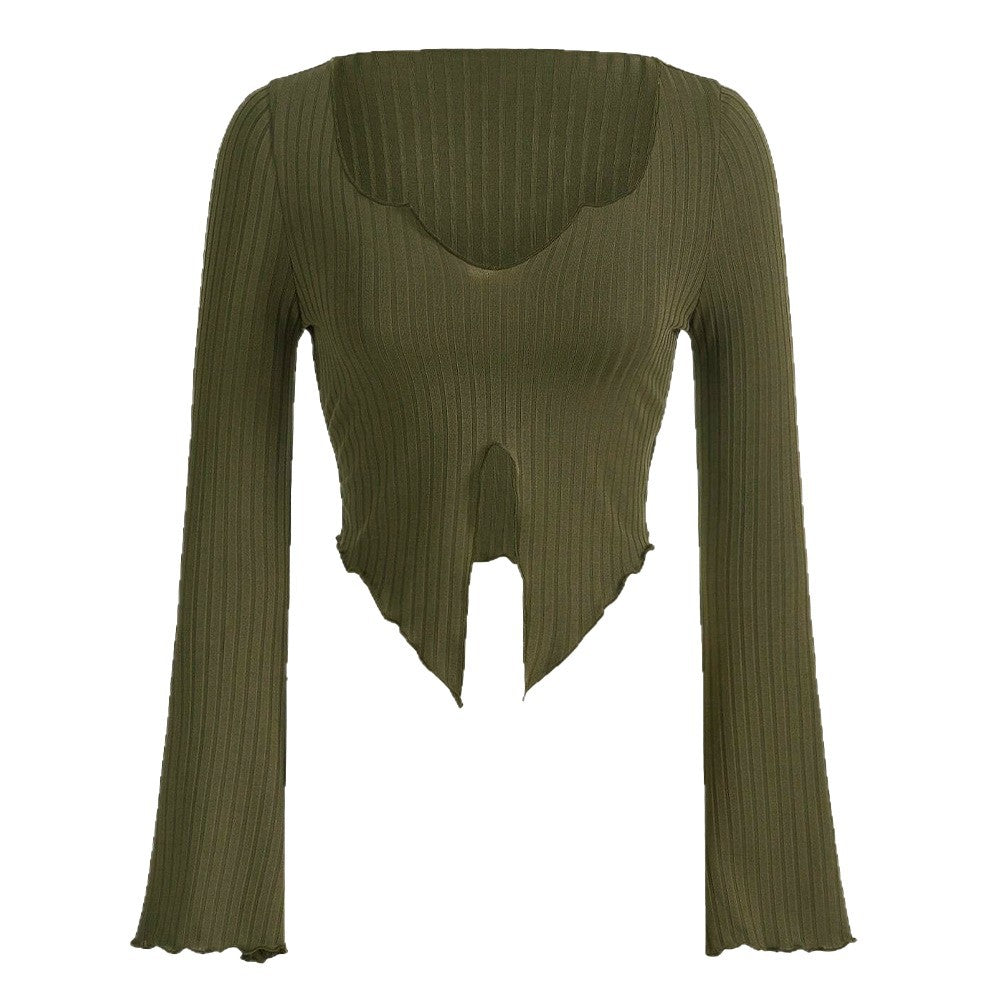 Damen fein geripptes Cropped-Longsleeve mit asymmetrischem Wellensaum und Cut-Out – Avérine