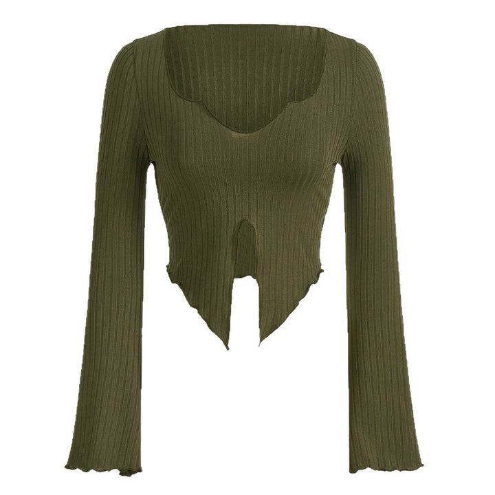 Damen fein geripptes Cropped-Longsleeve mit asymmetrischem Wellensaum und Cut-Out – Avérine