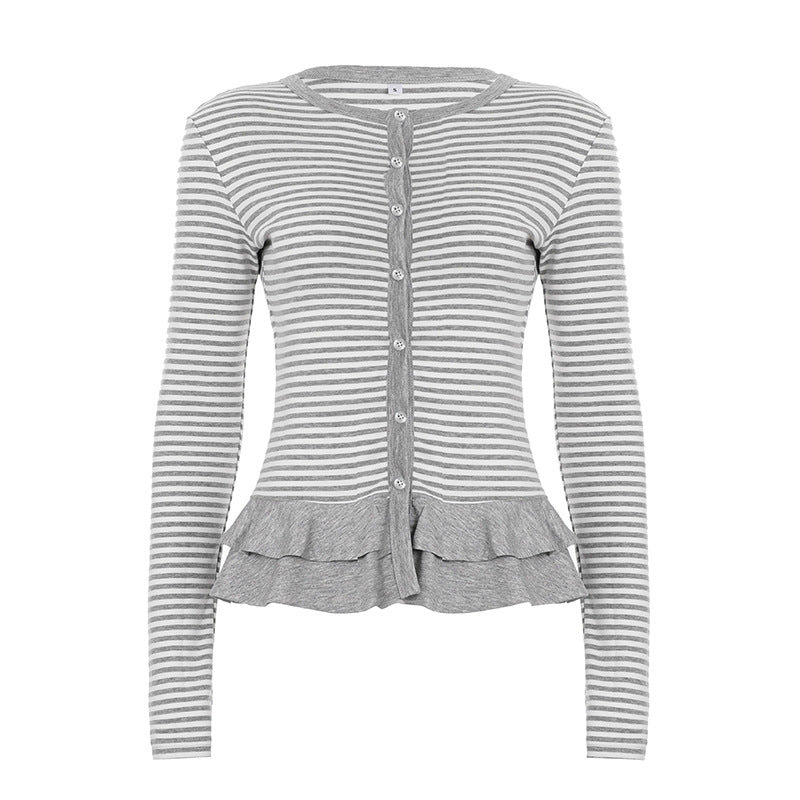 Damen nan feiner Kurzcardigan mit Knopfleiste, Spitzenkragen und welligem Saum Echo Archiv