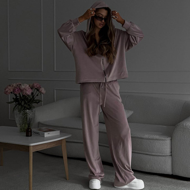 Damen kuscheliges Velours-Zweiteiler mit kurzem Reißverschluss-Hoodie, Tunnelzugbund und weitem Palazzo-Jogger – Auréline