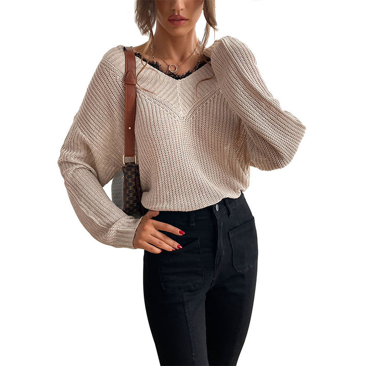 Damen Oversize V-Ausschnitt Strukturstrick-Pullover mit überschnittener Schulter und lockerer Silhouette Echoarchiv
