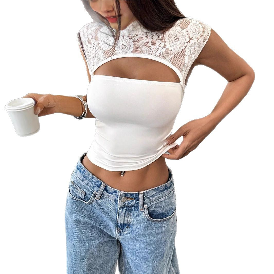 Damen nan figurbetontes bauchfreies Top mit floraler Spitzen-Schulterpartie, Stehkragen und Brustöffnung Echo Archiv