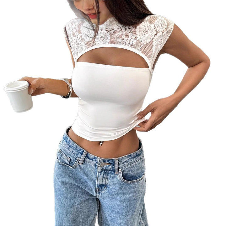 Damen nan figurbetontes bauchfreies Top mit floraler Spitzen-Schulterpartie, Stehkragen und Brustöffnung Echo Archiv