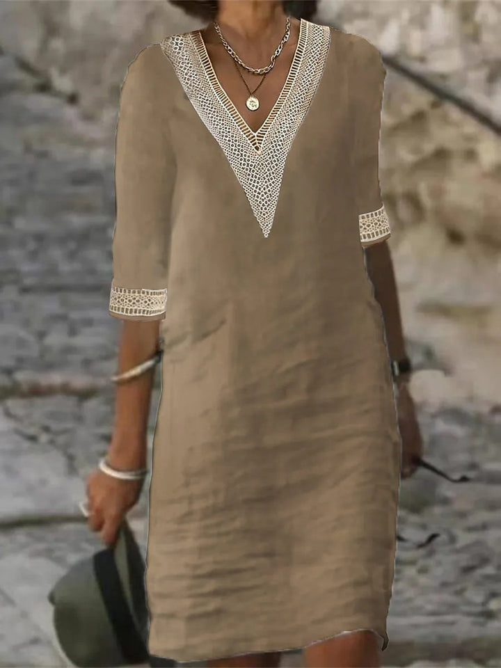 Damen Leinenlook Midi Kleid mit gehäkeltem V-Ausschnitt und 3/4 Ärmeln Echoarchiv