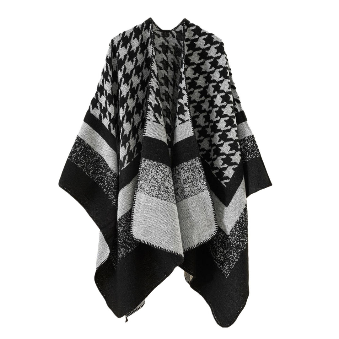 Damen Oversize‑Ruana‑Poncho aus Wollmix mit Hahnentritt- und Blockjacquard – Célinea