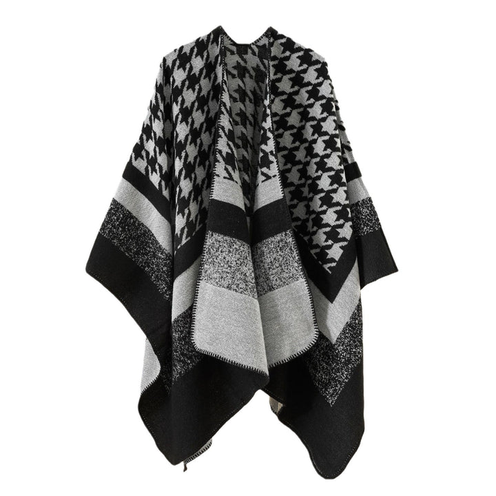 Damen Oversize‑Ruana‑Poncho aus Wollmix mit Hahnentritt- und Blockjacquard – Célinea