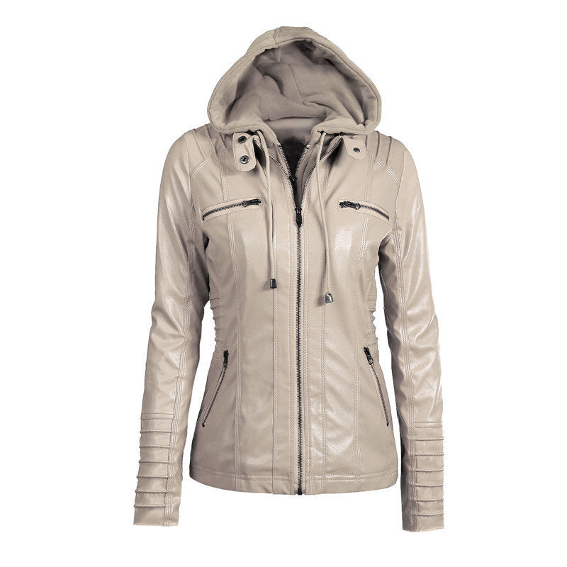 Damen Slim-Fit Kunstlederjacke mit Kapuze, Steppärmeln und Reißverschlusstaschen Echoarchiv