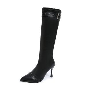 Damen Kniehohe Stiefel mit spitzer Zehenpartie, skulpturellem Stilettoabsatz und Zierriemen – Lioré