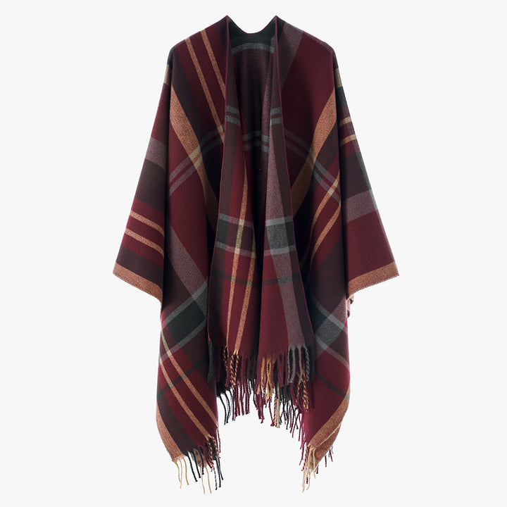 Damen Oversize Karierter Fransen-Poncho aus weichem Strick – Avérine