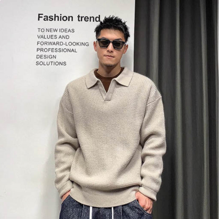 Herren Grobmaschiger Polokragen-Pullover mit verdeckter Halbleiste und geripptem Saum Echoarchiv