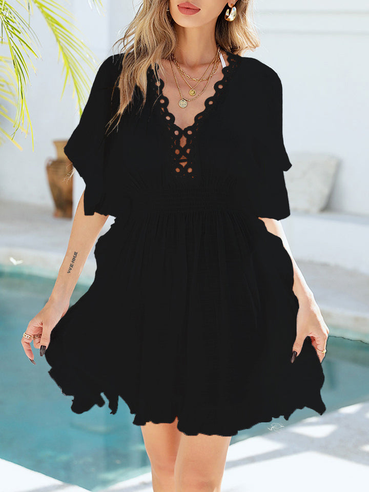 Damen Strandleinenkleid mit dekorativem Häkelkragen und elastischem Bund Echo Archiv