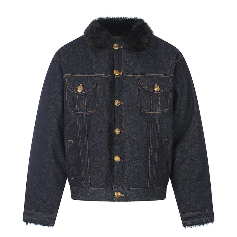 Damen gefütterte Jeansjacke mit Kunstfellkragen, Teddy‑Innenfutter und Goldknopf-Details Echoarchiv