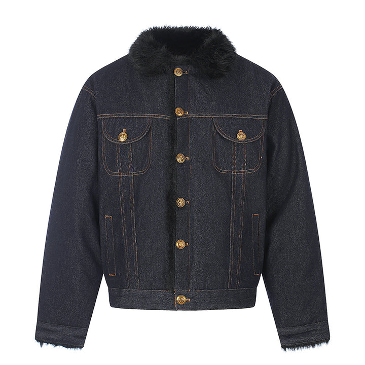Damen gefütterte Jeansjacke mit Kunstfellkragen, Teddy‑Innenfutter und Goldknopf-Details Echoarchiv