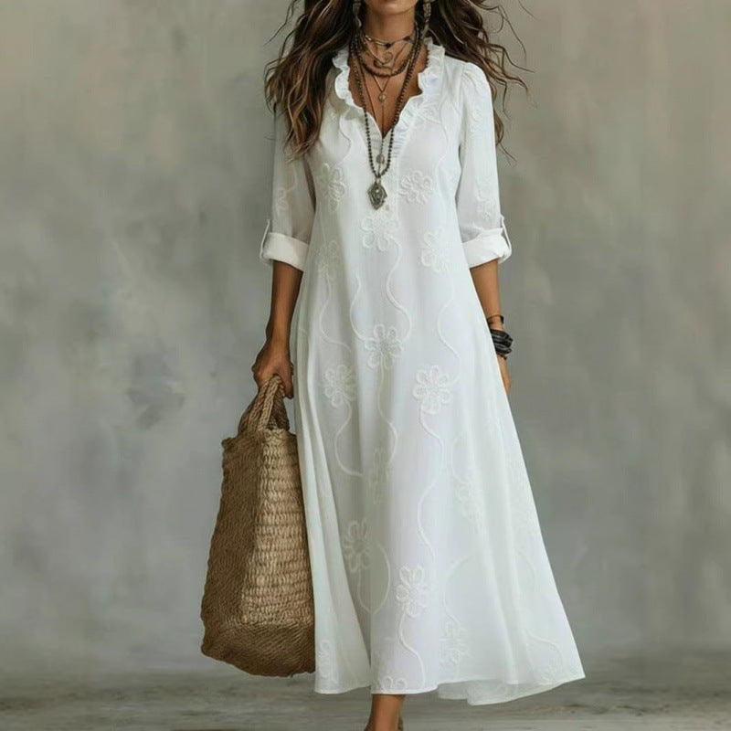 Damen Langes Boho-Maxikleid mit Blumenstickerei und V‑Ausschnitt Echoarchiv