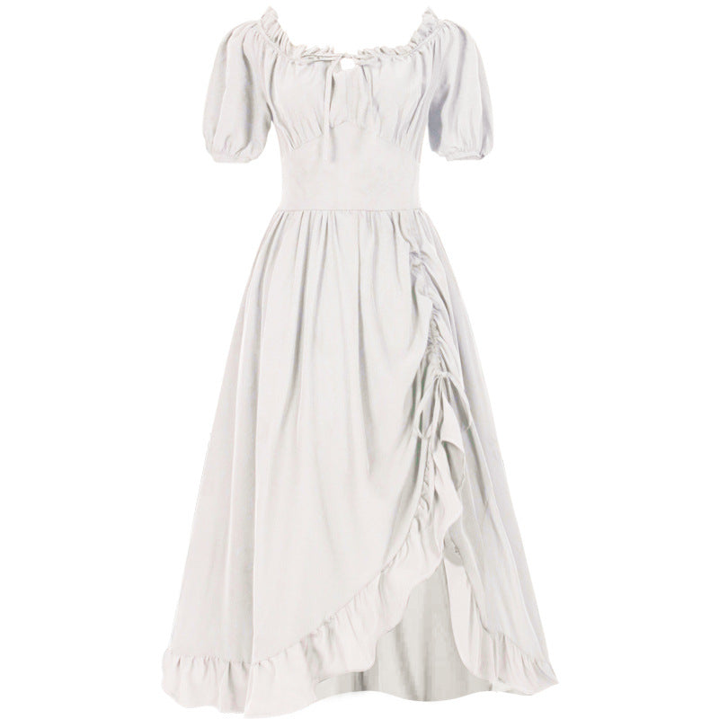 Damen romantisches Maxikleid mit Carmen-Ausschnitt, Puffärmeln, tailliertem Mieder und seitlicher Raffung – Valéora
