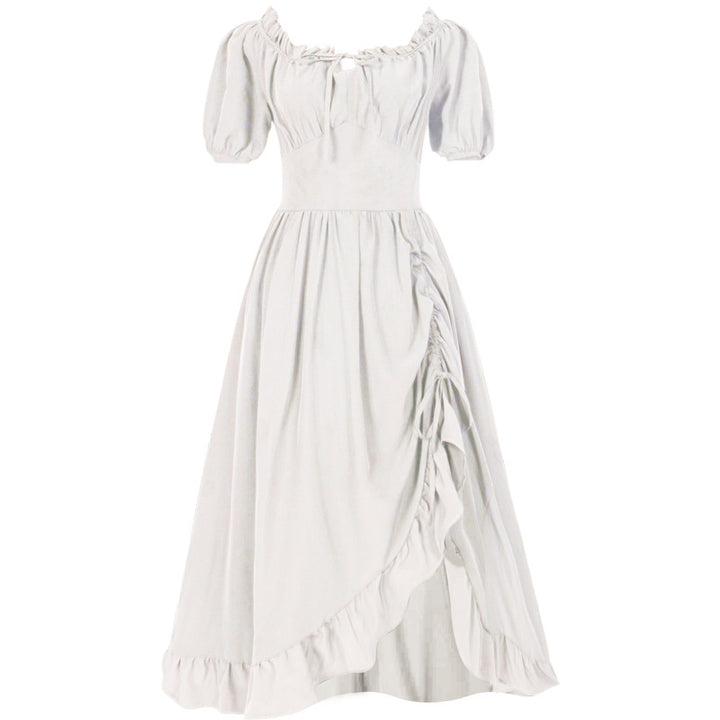 Damen romantisches Maxikleid mit Carmen-Ausschnitt, Puffärmeln, tailliertem Mieder und seitlicher Raffung – Valéora