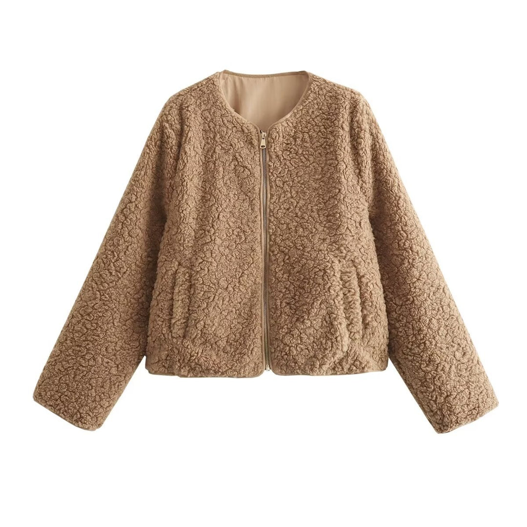 Damen kurzes Teddy-Fleece-Blouson mit Rundhals, durchgehendem Reißverschluss und nahtfeinen Eingrifftaschen – Célinea