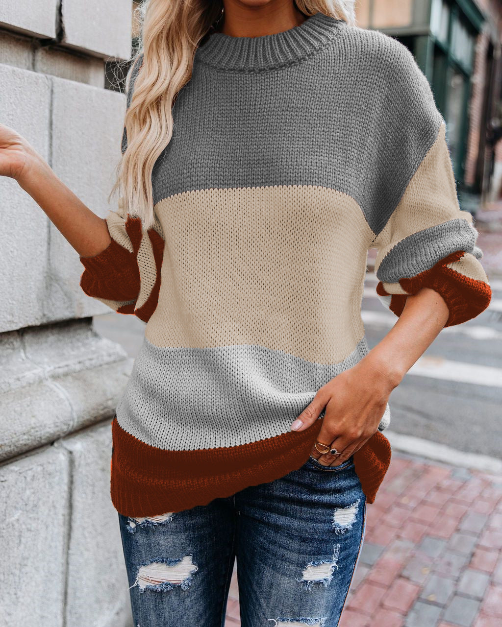 Damen Grobstrick Farbblockpullover mit hohem Rippenkragen und Oversize‑Passform Echoarchiv