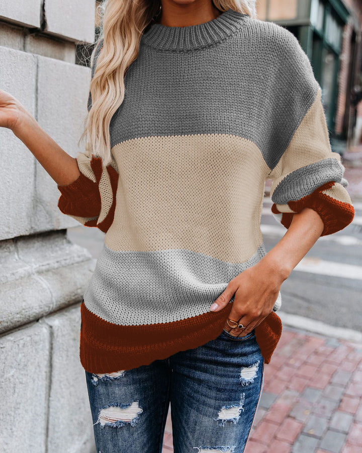 Damen Grobstrick Farbblockpullover mit hohem Rippenkragen und Oversize‑Passform Echoarchiv
