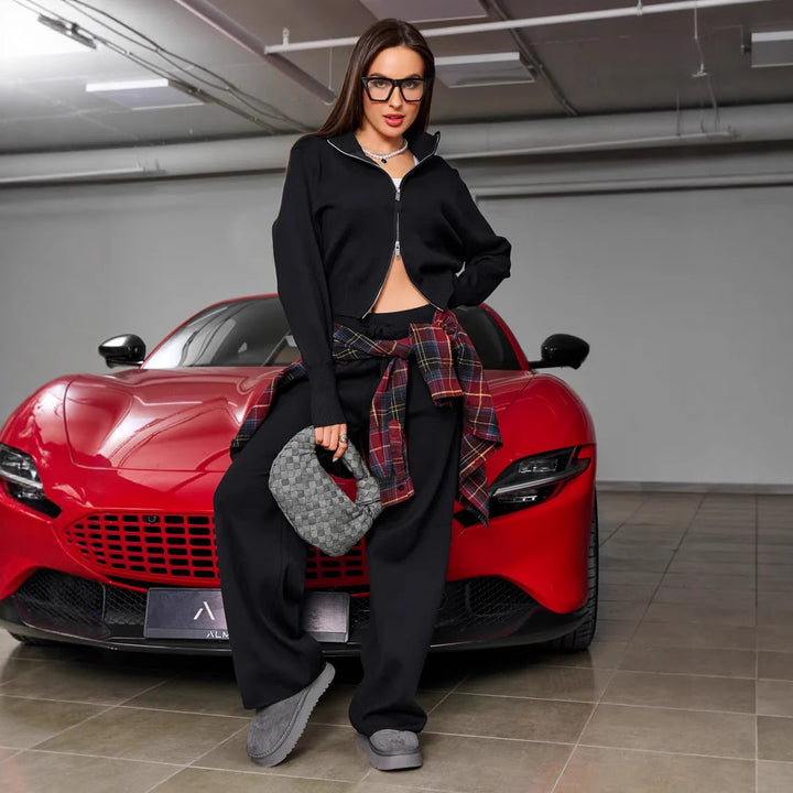 Damen nan gestricktes Loungewear-Zweiteiler mit kurzem Reißverschluss-Cardigan und weitem Highwaist-Hosenbein Echo Archiv