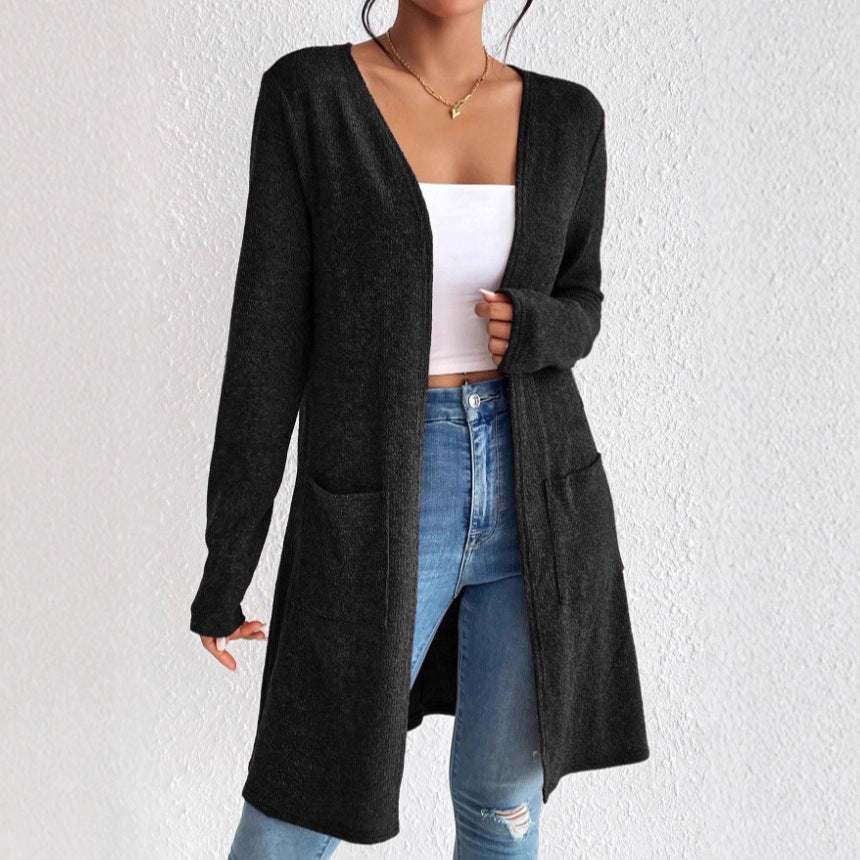 Damen offener Longcardigan mit aufgesetzten Taschen und weichem Feinstrick – Veloura