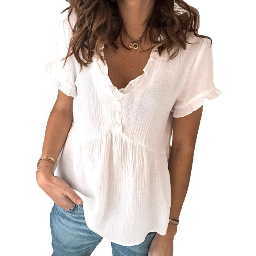 Damen V-Ausschnitt Bluse mit Rüschendetails und Knopfverschluss Echo Archiv