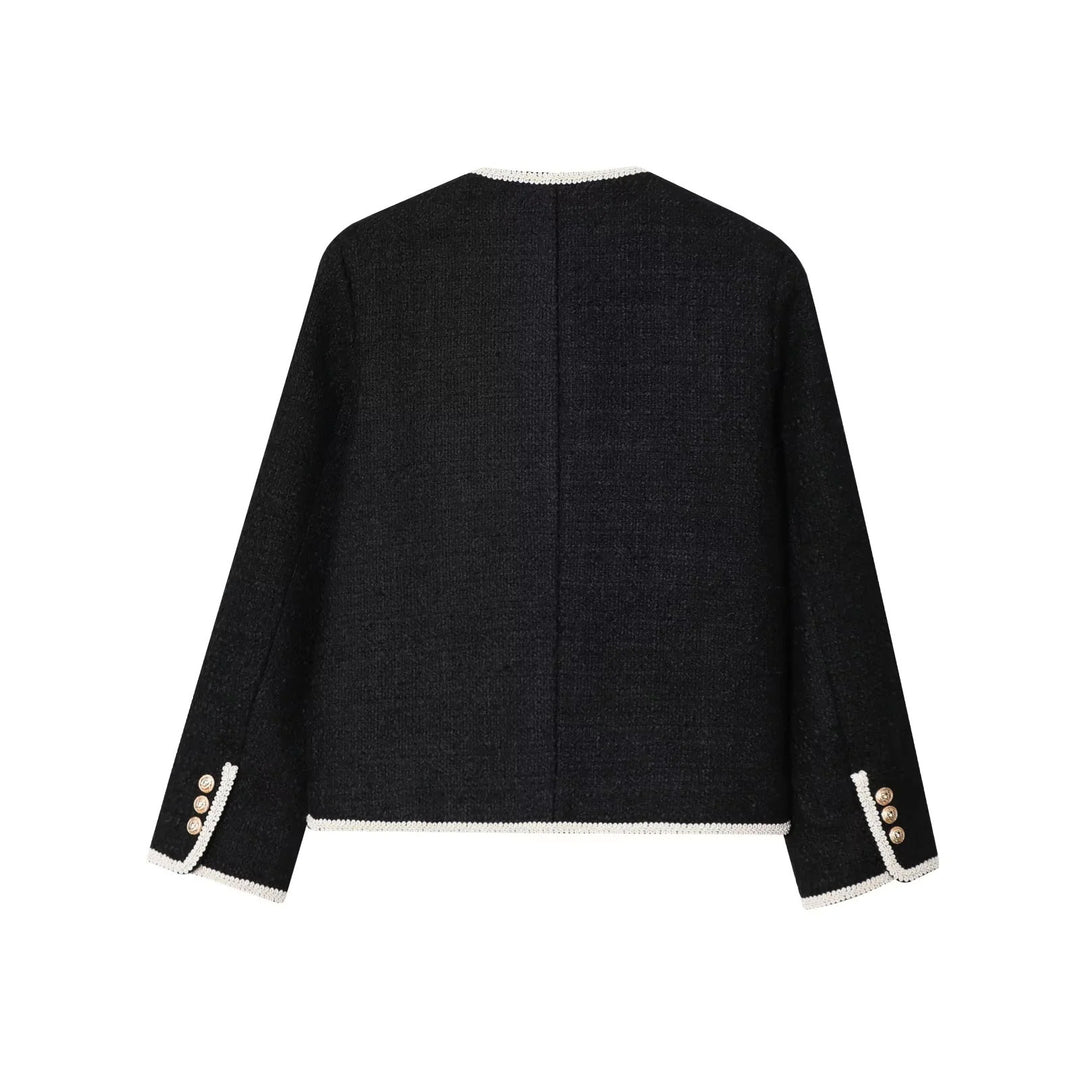 Damen klassische Bouclé-Jacke mit kontrastierender Paspelierung und Zierknöpfen – Célinea