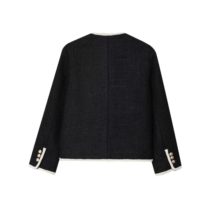 Damen klassische Bouclé-Jacke mit kontrastierender Paspelierung und Zierknöpfen – Célinea