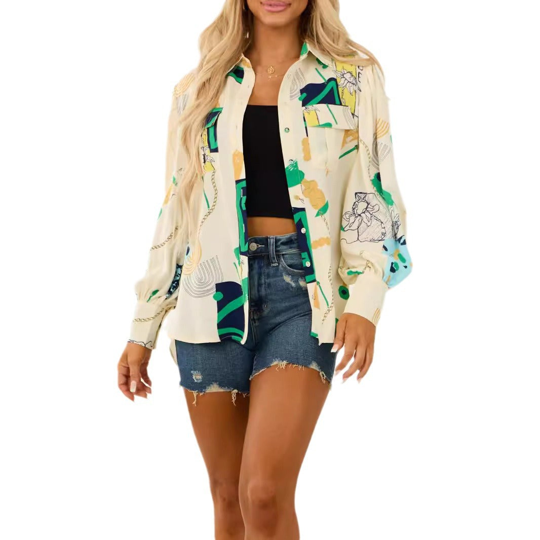Damen Oversized-Hemdbluse mit grafischem Allover-Print, Brusttaschen und Ballonärmeln – Avérine
