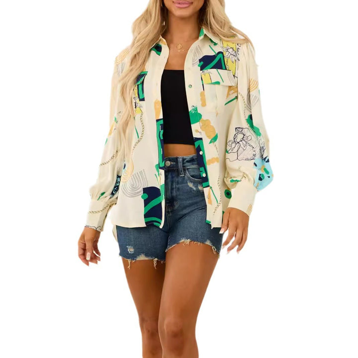 Damen Oversized-Hemdbluse mit grafischem Allover-Print, Brusttaschen und Ballonärmeln – Avérine