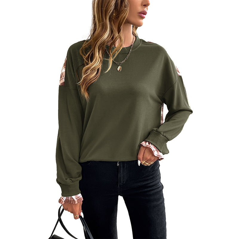 Damen Lässiges Rundhals-Sweatshirt mit Karomuster‑Einsätzen und gerafften Manschetten Echoarchiv