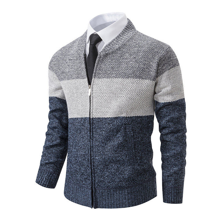 Herren Strukturierte Blockstreifen‑Strickjacke mit Frontzip, Stehkragen und Eingrifftaschen Echo Archiv