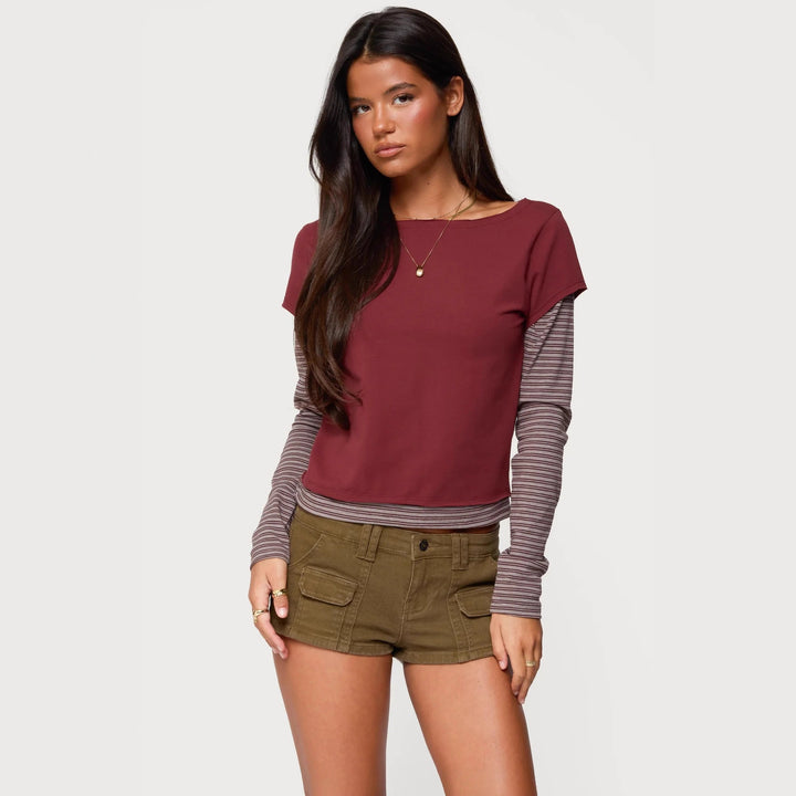 Damen modisches Langarmshirt mit einzigartigen Streifen und kurzem Schnitt Echo Archiv
