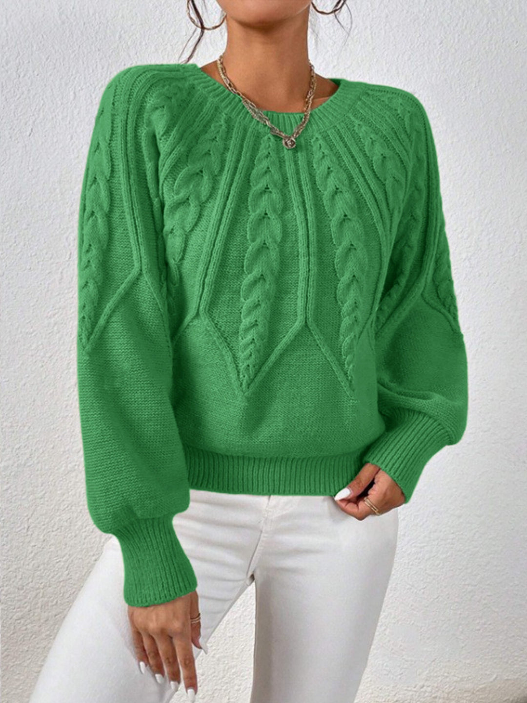 Damen nan kurzer Zopfmuster-Strickpullover mit Ballonärmeln und geripptem Saum Echo Archiv