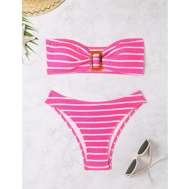 Damen Bandeau-Bikini-Set mit dekorativem Ring und verspieltem Streifenmuster Echo Archiv
