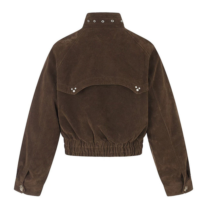 Damen kurze Wildleder‑Bomberjacke mit hohem Stehkragen und metallischen Details Echoarchiv