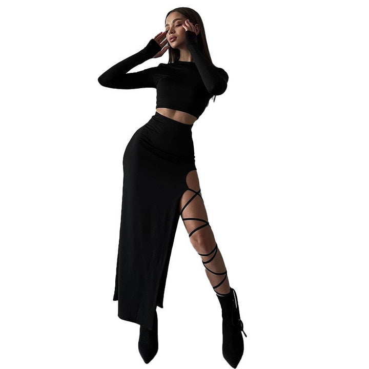 Damen Elegantes Crop-Top mit asymmetrischem Rock und raffiniertem Bein-Schlitz Echo Archiv